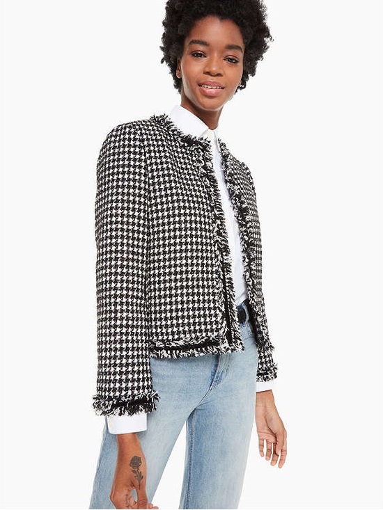 kate spade Jackets & Blazers - kate spade Black & White Houndstooth Fringe Cropped Jacket NWOT